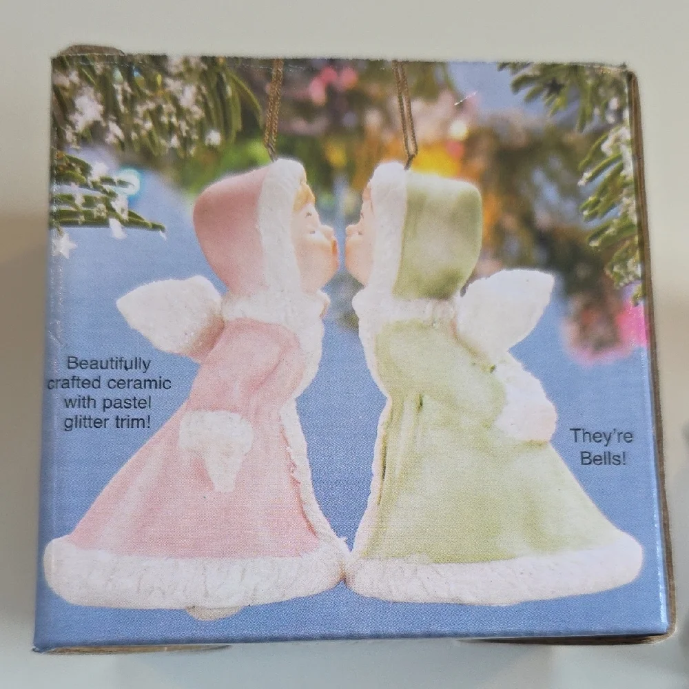 Angel Bell Ornaments - Kissing Angel Bell Ornament Figure Set With Glitter Trim